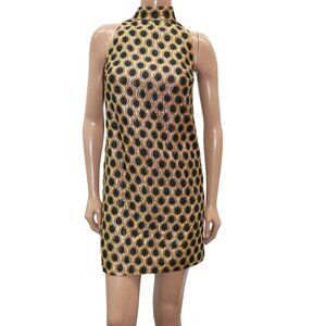 Vintage Retro Mod Gold Black and Gold Polka Dot Cocktail Mini Dress XS-S